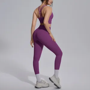 Close-up detail showing the cross back design of this purple nylon nude feel sports bra