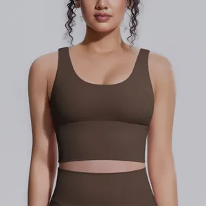 Reggiseno sportivo marrone ad alto impatto per yoga e fitness professionale da donna.