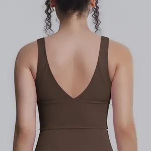 Vista posteriore del reggiseno sportivo marrone ad alta intensità con profondo scollo a V