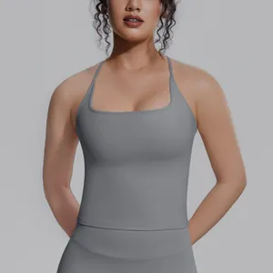 Hochwertiges graues, atmungsaktives Yoga-Tanktop mit quadratischem Ausschnitt und Details