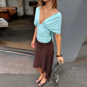 Stylish sky blue deep V-neck shawl style top with backless tie design for summer