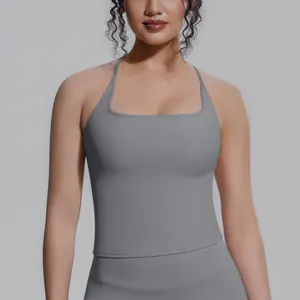Hochwertiges, eng anliegendes graues Sport-Yoga-Tanktop für Damen mit eckigem Ausschnitt