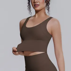Primo piano di un reggiseno sportivo marrone ad alta elasticità teso con la mano