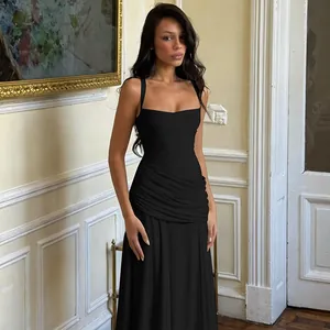 Elegant sleeveless black evening gown with sophisticated ruched waist detailing.