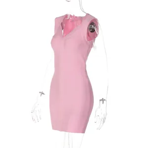Detailed view of pink V-neck sleeveless bodycon bandage dress with textured stripes