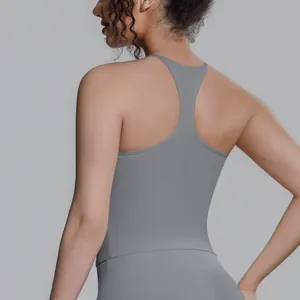 Detailansicht der Rückseite des grauen Racerback-Sport-Tanktops für Yoga und Fitness