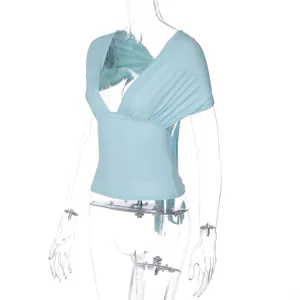 Detail showing side view of light blue deep V-neck wrap top on transparent mannequin