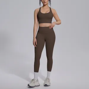 Seamless brown high-waisted yoga set with sports bra and leggings for gym fitness