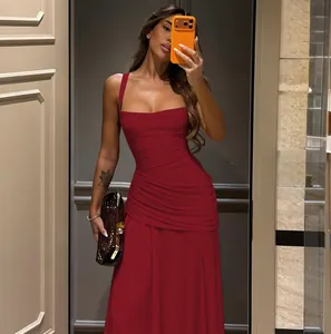 Elegant red sleeveless bodycon evening maxi dress with ruched waist detail