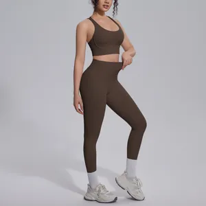 Coffee brown high-waist yoga set made of double-sided nylon for gym and workout