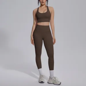 Detail shot showing a full-length view of a coffee brown two-piece high-waisted yoga set