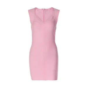 Sleeveless pink bodycon bandage dress with V-neckline and back zipper detail