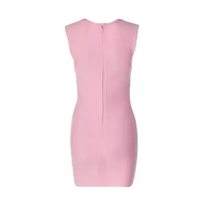 Back view detail of pink sleeveless bandage bodycon dress with rear zipper closure