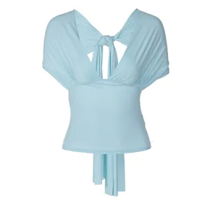 Stylish light blue deep V-neck top featuring elegant shawl sleeves and back bow knot detail.