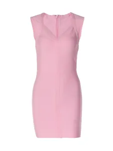 Front view of a pink sleeveless V-neck bandage bodycon dress with rib textures