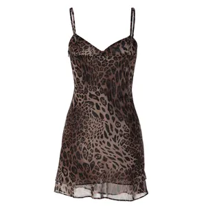 Sexy leopard print mini slip dress with V-neck and thin spaghetti straps for a stylish look.