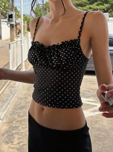 Women's Polka Dot Print Spaghetti Strap Cami Top Sweet Ruffle Crop Top Slim Fit Summer Casual Sleeveless Vest Top