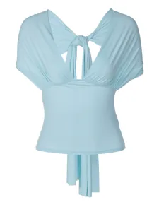 Fashionable light blue deep V-neck shawl style cropped top with back tie detail