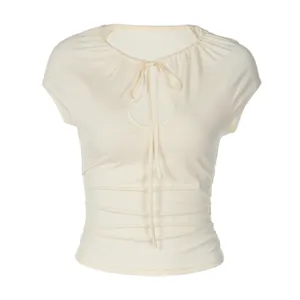 Detailed view of cream women's t-shirt with elegant keyhole neckline and front drawstring tie
