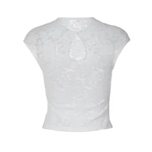 Detailed back view of a white floral lace cropped T-shirt with a round neckline