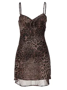 Sexy leopard print V-neck slip dress with chiffon mini skirt hem and slim waist design