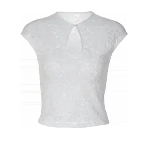 Close-up of white lace short-sleeve top with elegant teardrop neckline cutout