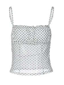 Stylish white camisole top with black polka dots and ruffled bust detail for women
