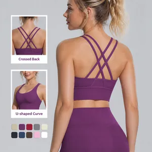 Reggiseno Sportivo da Donna con Schiena Incrociata Antiurto Effetto Nudo Canotta Yoga Nylon Elastan Aderente Fitness Top