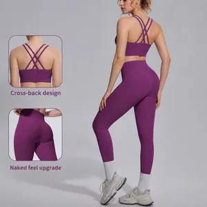 Women Seamless Yoga Outfit Top And Bottom Cross Back Sports Bra High Waist Leggings Naked Feel Gym Workout Activewear