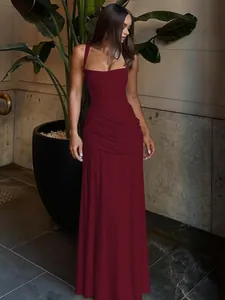 Elegant maroon sleeveless evening gown with slim fit and ruched hip design for women