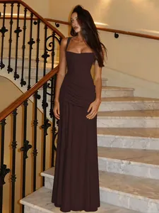 Elegant dark brown sleeveless bodycon evening gown with ruched waist and floor length