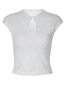 Elegant white lace T-shirt for women featuring round neck and sexy cutout design