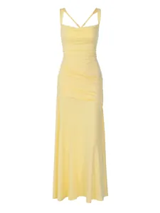Elegant pale yellow sleeveless maxi evening dress with ruched bodice and back straps