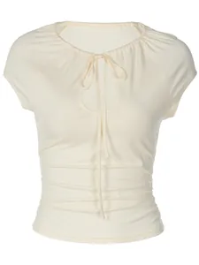 Elegant cream short sleeve women's top with cutout neckline and ruched tie-front waist