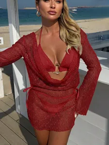 Detail view of red sequined mesh cowl neck long sleeve bikini three-piece set