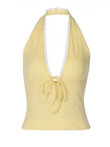 Detail of a yellow ribbed halter top featuring delicate lace trim and a front tie knot.