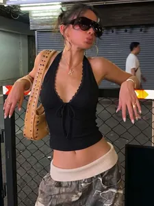 Sexy Women Halter Neck Crop Top V-Neck Lace Patchwork Backless Tie-Up Front Polyester Summer Streetwear Top