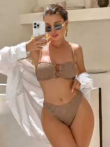 Costume da Bagno Bikini da Donna Sexy a Vita Alta con Top a Fascia e Slip All'uncinetto in Tinta Unita Nylon