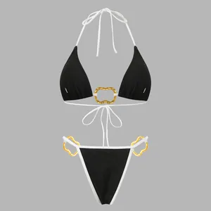 Sexy black lace mesh bikini set with white straps and elegant gold heart-shaped rings.