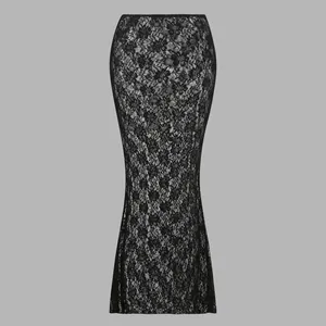 Full length detail view of semi-transparent black floral lace mesh cover-up skirt