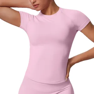 Top yoga rosa senza cuciture da donna, maglietta fitness elasticizzata a maniche corte