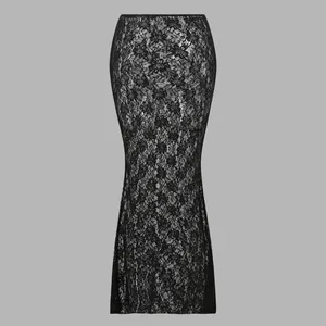 Detailed view of an elegant black floral lace mesh maxi skirt for beach swimwear set
