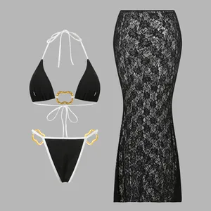 Detailed view of black 3-piece lace bikini set featuring elegant golden heart hardware