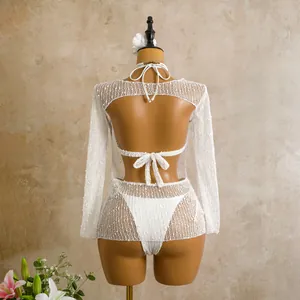 Back view of white sequin long-sleeve mesh 3-piece bikini set on mannequin