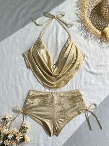 Sexy gold metallic Zweiteiler Bikini Set mit Wasserfall-Ausschnitt und Schnürhöschen