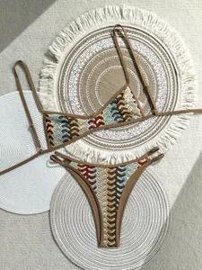 Damen Böhmisch Häkel Bikini Set Retro Wellenmuster Zweiteiler Badeanzug Strand Urlaub Bademode Halter Top Und Bottom