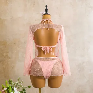 Back view of elegant pink sequin long-sleeve mesh cover-up and bikini three-piece set
