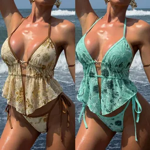 Detailed view showing beige gold and mint green sequin floral bikinis for beach vacation.