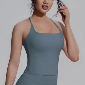 Detail des schieferblauen Yoga-Tops mit quadratischem Ausschnitt aus Nylon