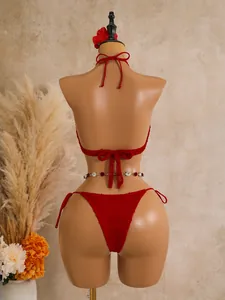 Detailed back view of a red crocheted sequined bikini set displayed on a professional mannequin